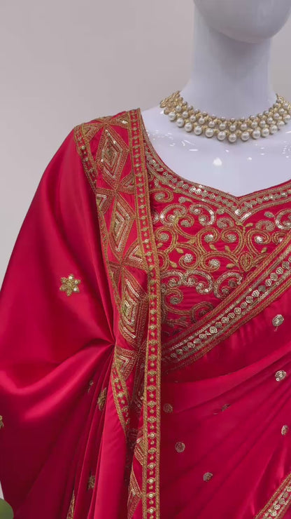 fashionkiya Japan Satin Silk Thred with Sequnce work sari