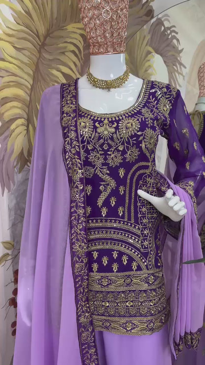 FESTIVAL SPECIAL SHARARA SUIT WITH DUPATTA & PLAZZO 🥻THREE PIECE EMBROIDERED SUIT ON GEORGETTE FABRIC WITH HEAVY WORK