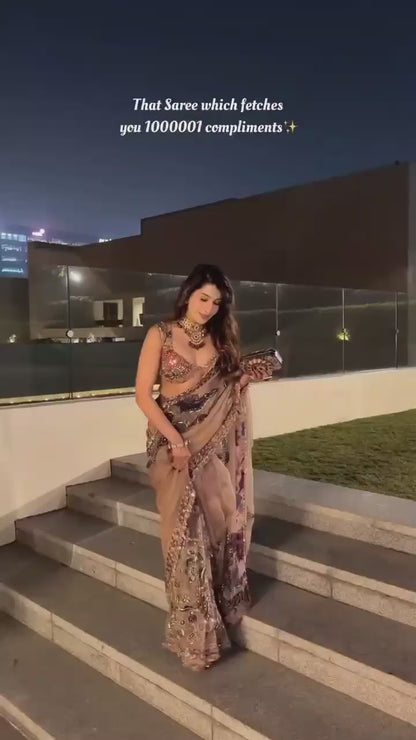 Fashoionkiya HEAVY SOFT GEORGETTE FABRIC ON BEAUTIFUL DIGITAL PRINT WITH HANDWORK MIRROR, ZARI & SEQUENCES WORK WITH READY 9 MM LACE BORDER ON SAREE