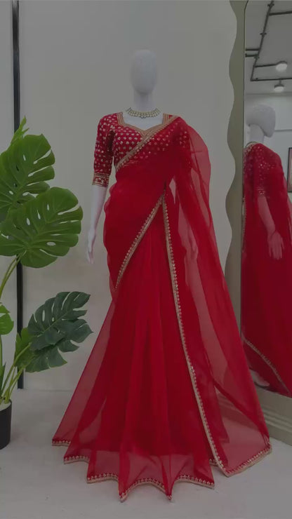 beautiful Designer Saree on Havy Organza Silk Febric with Thred & Sequnce work and Blouse on Mono Benglori Silk With Thred & Sequnce work.
