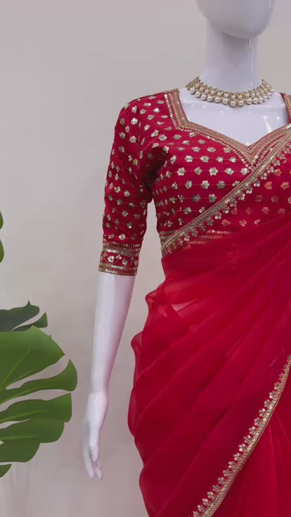 beautiful Designer Saree on Havy Organza Silk Febric with Thred & Sequnce work and Blouse on Mono Benglori Silk With Thred & Sequnce work.