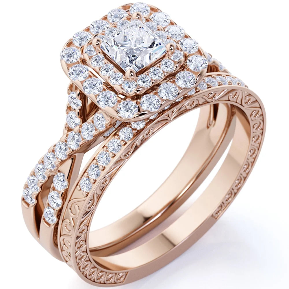 1.25 ct - Square Moissanite - Double Halo - Twisted Band - Vintage Inspired - Pave - Wedding Ring Set in 18K Rose Gold over Silver