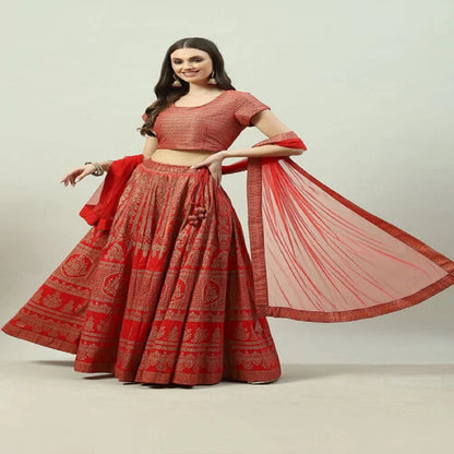 Fashionkiya Tomato Red Art Silk Lehenga Set