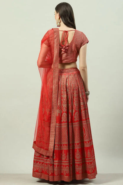 Fashionkiya Tomato Red Art Silk Lehenga Set