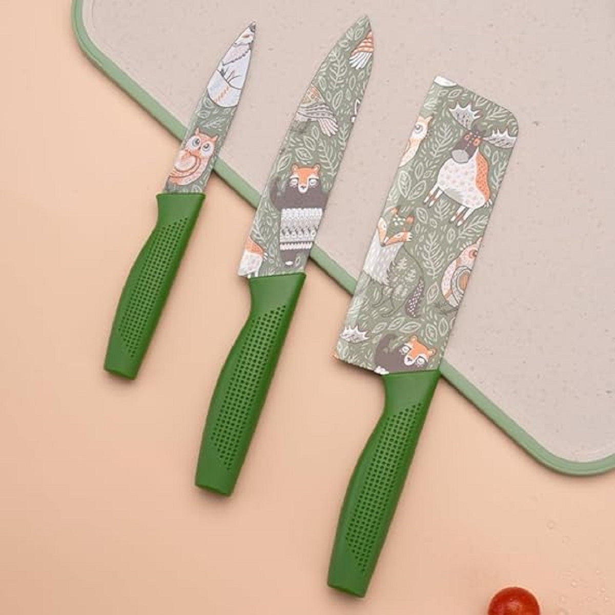 fashionkiya rofessional 3-Piece Kitchen Knife Set - High Carbon Stainless Steel Chef, Utility & Santoku Knives with Ergonomic Blue Handles (3PC) (Green)