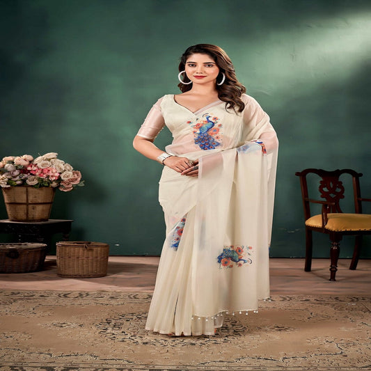 Fashionkiya Ivory color Pure silk Organza saree with Peacock Print