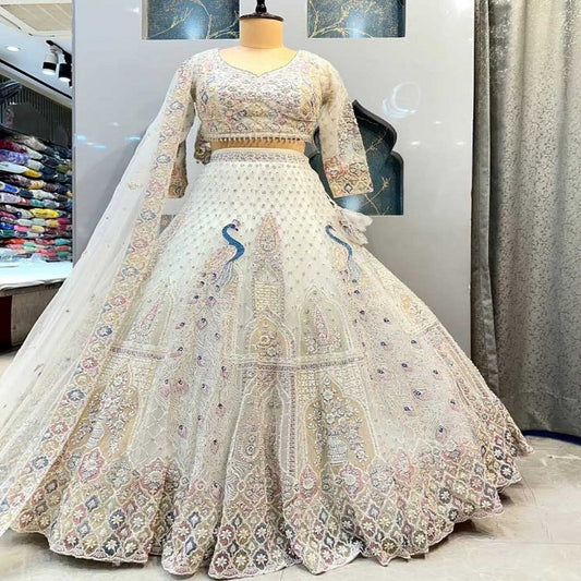 Fashionkiya White Color Soft Net Sequence Work Lehenga Choli