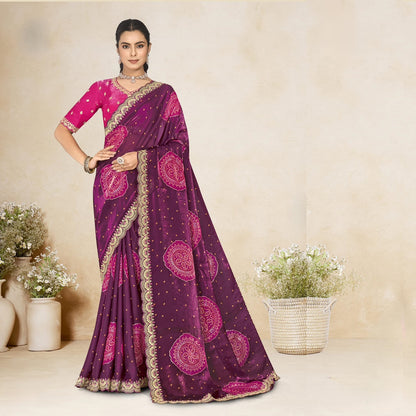 Fashionkiya Wine Printed Chiffon-Satin Bandhani Print Saree With Foil Print And Embroidery Cut Work