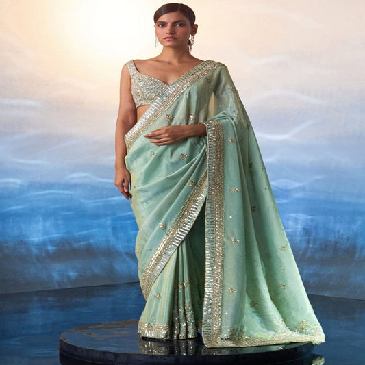 Fashionkiy Green Tissue Sequins, Crystals, Beads Embroidered Saree Set