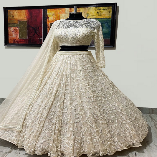 Fashionkiya Net Lining Chroma Pearl, Cutdana And Embroidered Bridal Lehenga Set