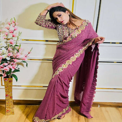 Fashionkiya Pink 25 mirror hand work sequence wedding saree sari sarees