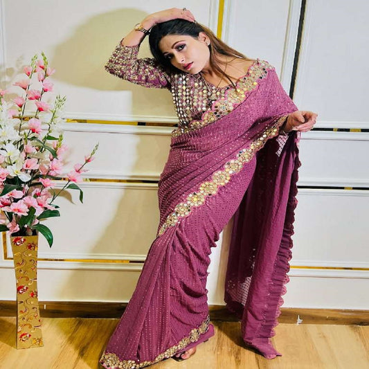 Fashionkiya Pink 25 mirror hand work sequence wedding saree sari sarees