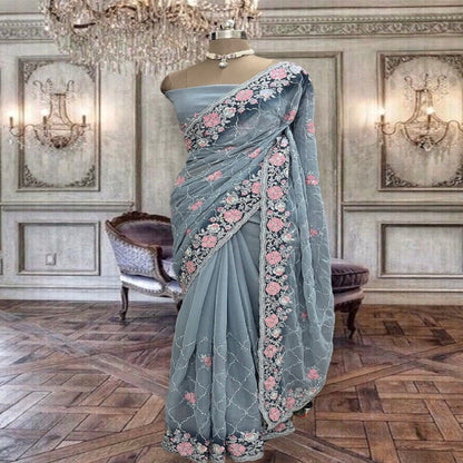 BeautiFashionkiya ful light grey shimmer georgette saree with thread and sequins work and running blouse piece