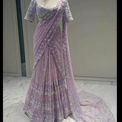 Fashionkiya Soft Net Saree with Blouse in Thread Sequence and Pearl Work Indian Outfit For Women