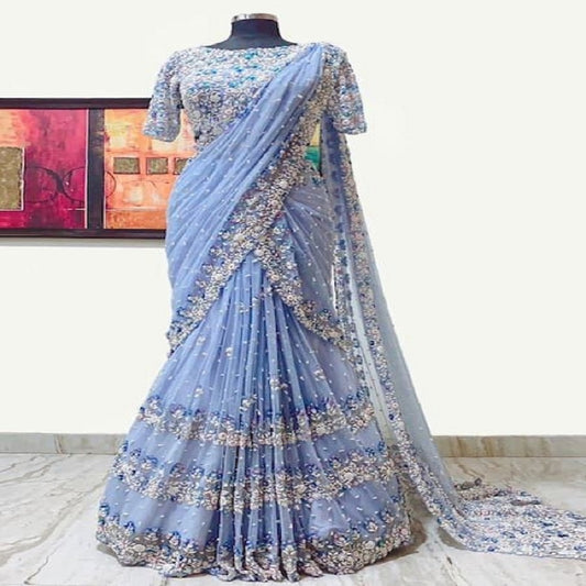 Fashionkiya Soft Net Saree with Blouse in Thread Sequence and Pearl Work Indian Outfit For Women