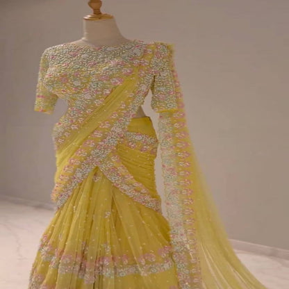 Fashionkiya Soft Net Saree with Blouse in Thread Sequence and Pearl Work Indian Outfit For Women