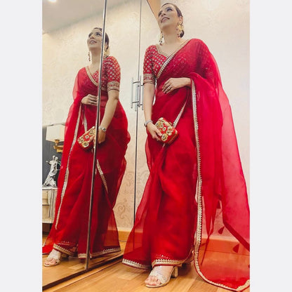 beautiful Designer Saree on Havy Organza Silk Febric with Thred & Sequnce work and Blouse on Mono Benglori Silk With Thred & Sequnce work.
