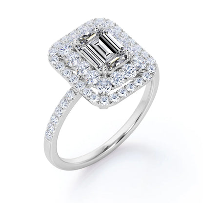 1.5 Carat Emerald Cut Moissanite Engagement Ring - Bridal Ring - Double Halo Ring - Cluster Ring - 18k White Gold Over Silver