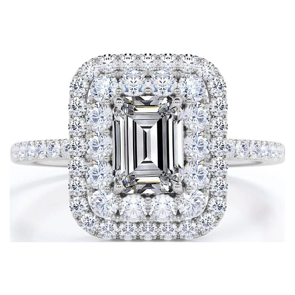 1.5 Carat Emerald Cut Moissanite Engagement Ring - Bridal Ring - Double Halo Ring - Cluster Ring - 18k White Gold Over Silver