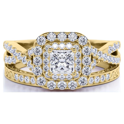 1.25 ct - Square Moissanite - Double Halo - Twisted Band - Vintage Inspired - Pave - Wedding Ring Set in 18K Yellow Gold over Silver